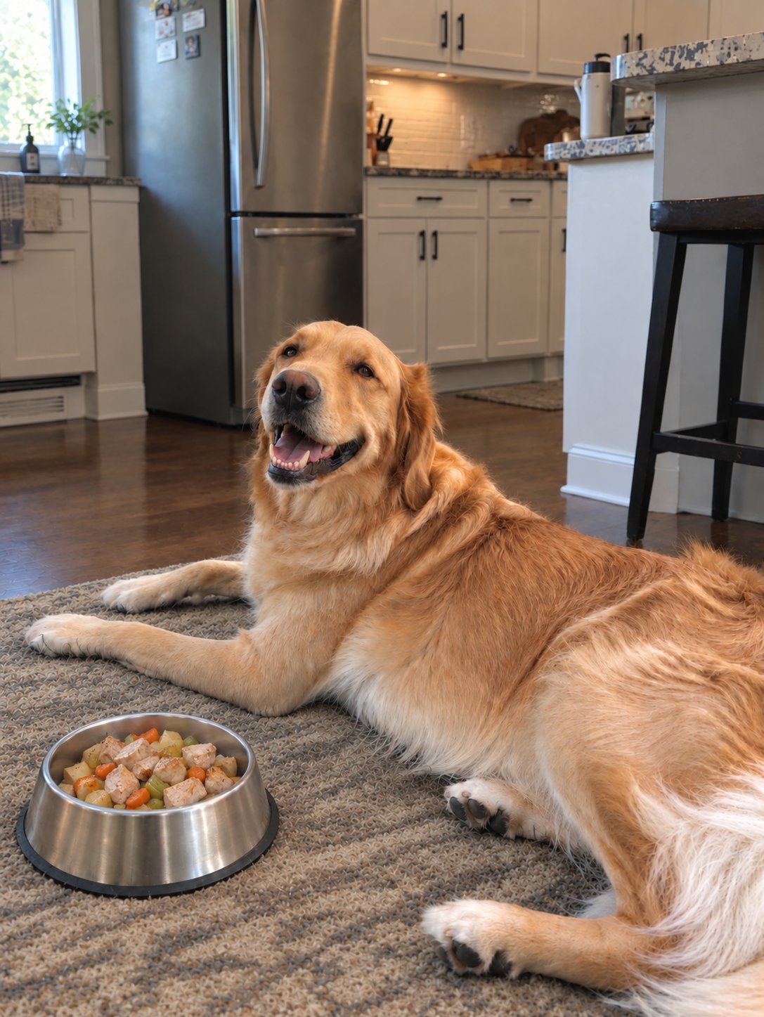 Golden retriever lying in a home kitchen beside a bowl of fresh home-cooked food