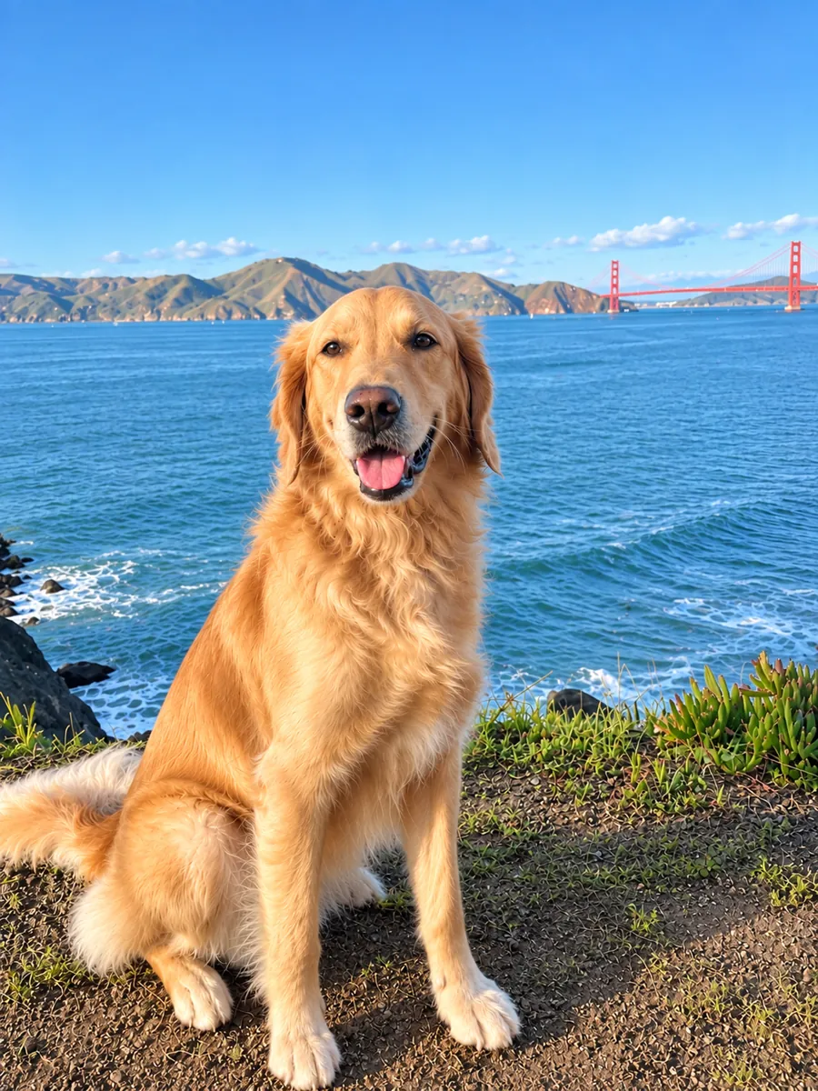 A happy golden retriever by the Golden Gate Bridge