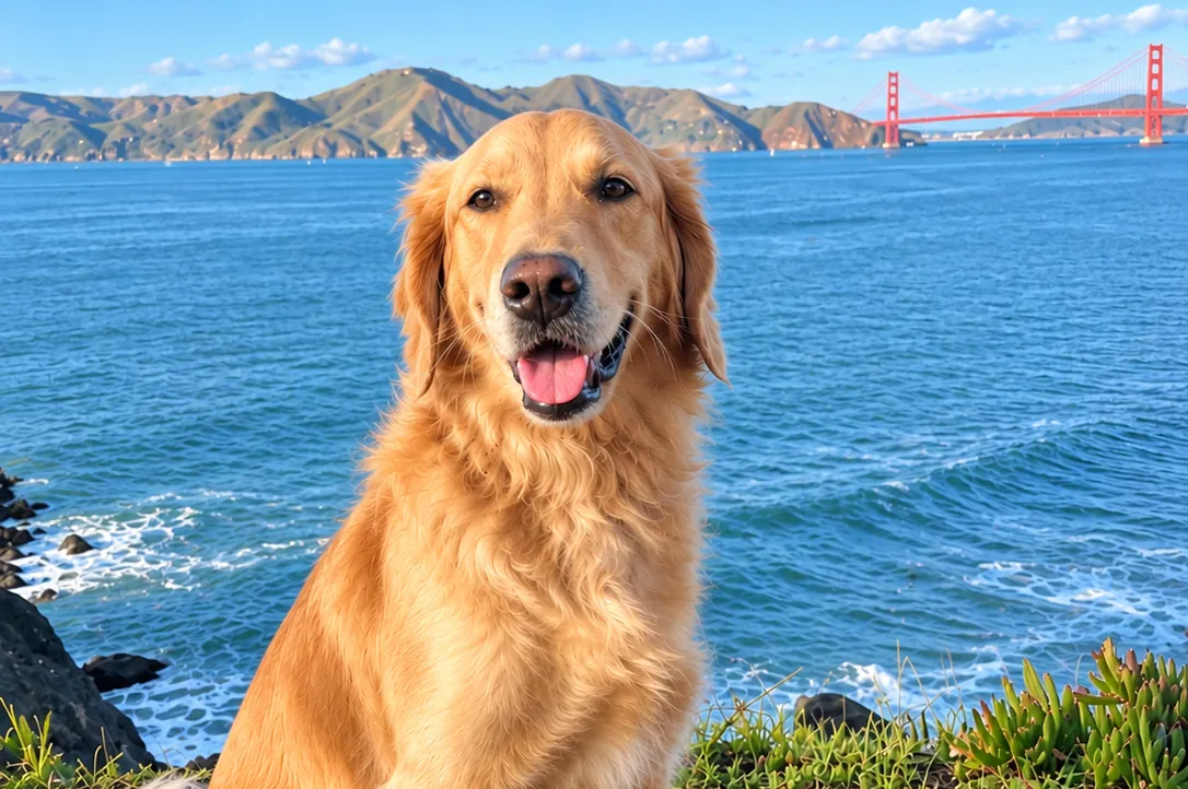 A happy golden retriever sitting on grass